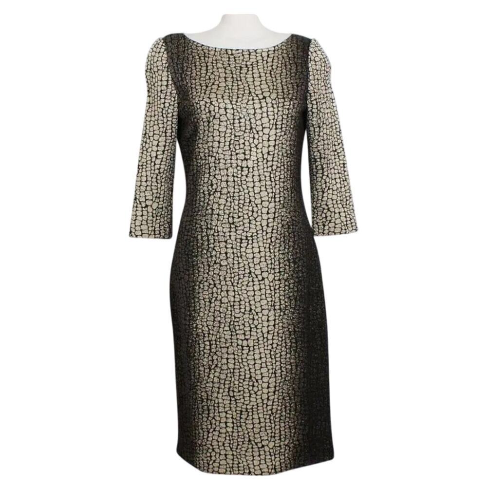St. John Sz 8 (Medium) Black & Tan Reptile Below Knee Dress 3/4 Sleeve Slimming